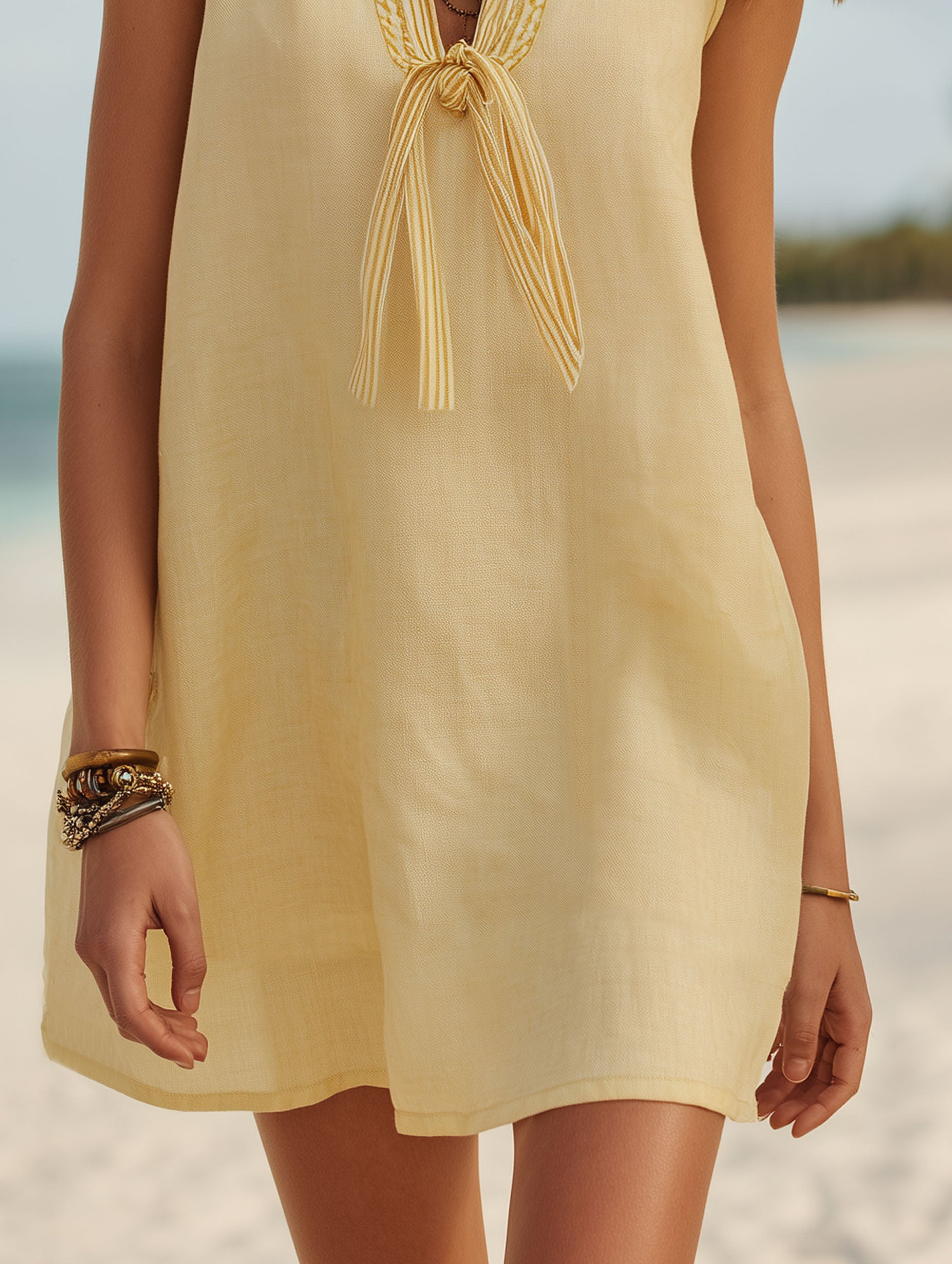 Elegant Vacation-Style Yellow Cotton-Linen Tie-Waist Mini Dress