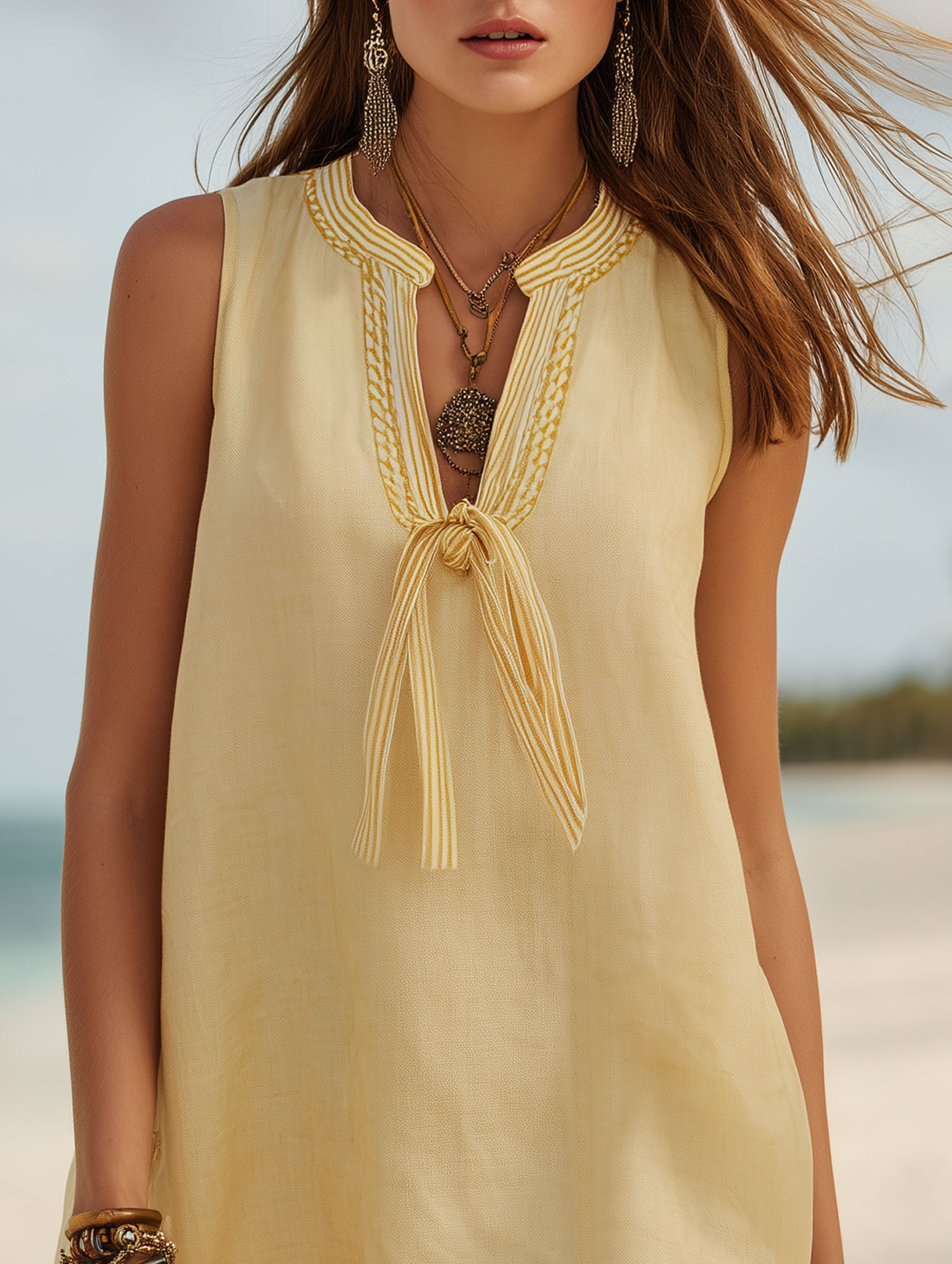 Elegant Vacation-Style Yellow Cotton-Linen Tie-Waist Mini Dress