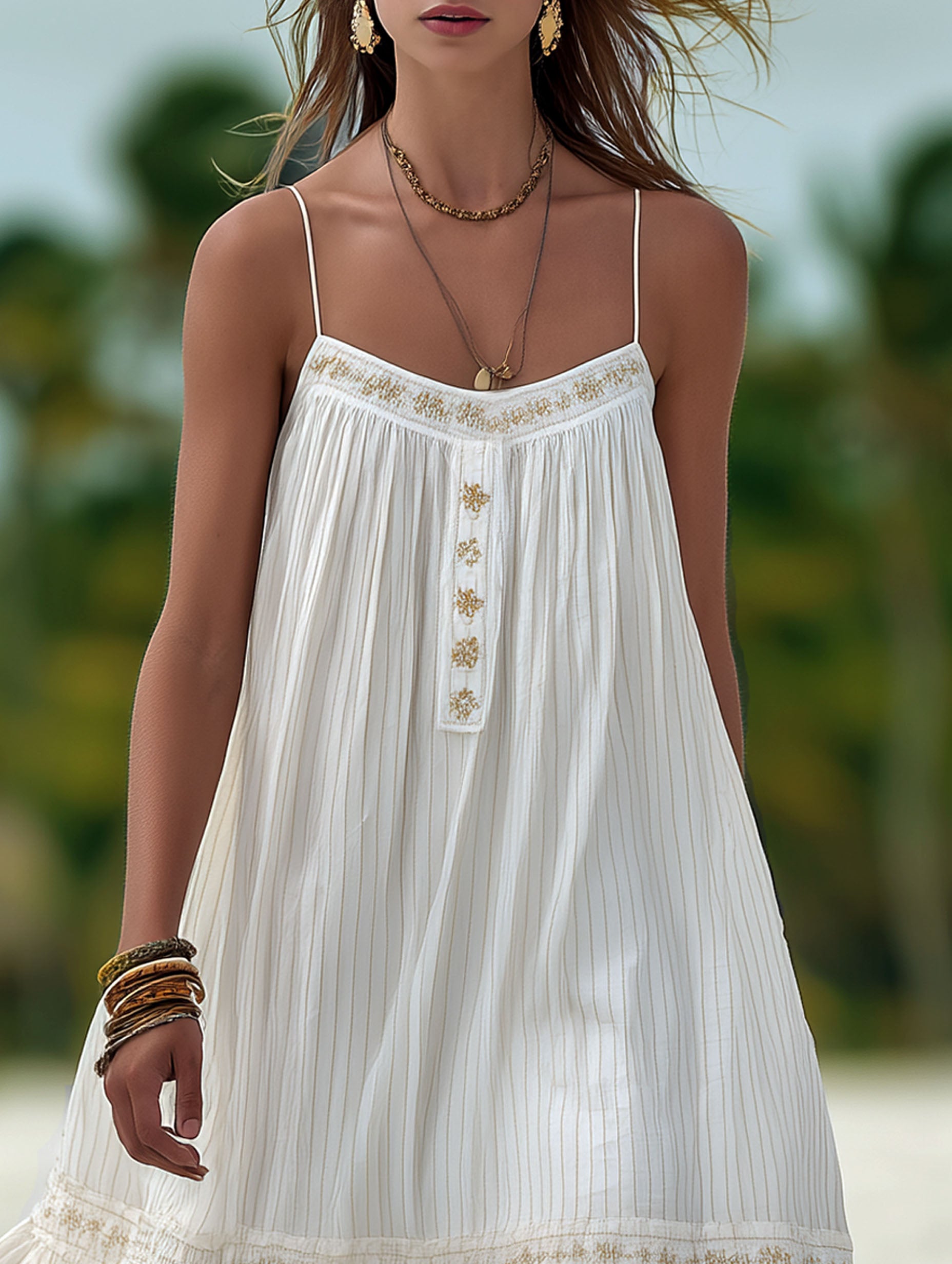 Elegant Resort Linen Striped White Embroidered Midi Dress
