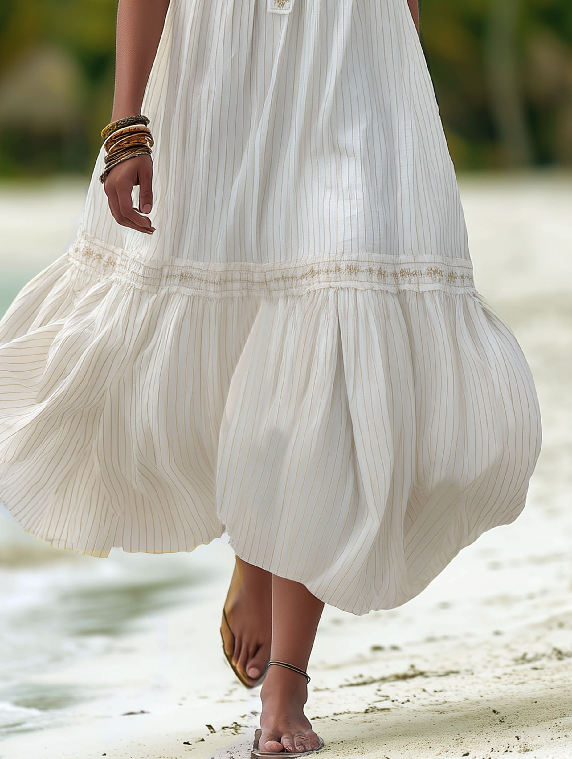 Elegant Resort Linen Striped White Embroidered Midi Dress