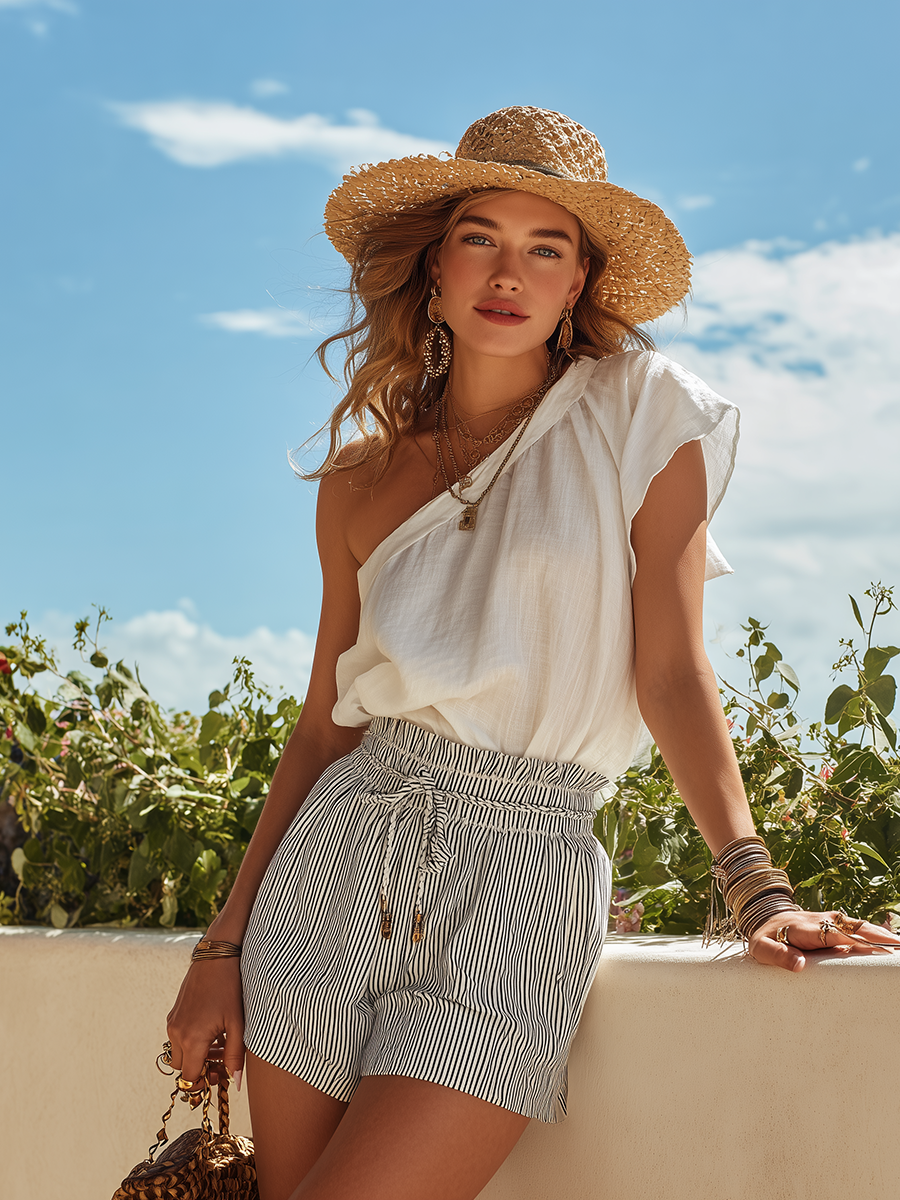 Resort-style Sleeveless One-shoulder Top And Black And White Striped Shorts Set