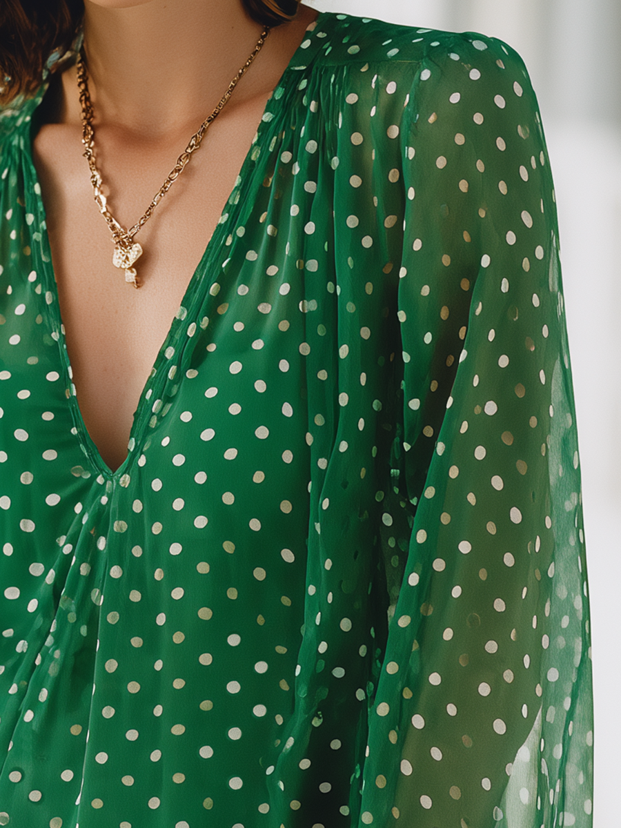 Resort-style Green Polka Dot V-neck Long-sleeved Top