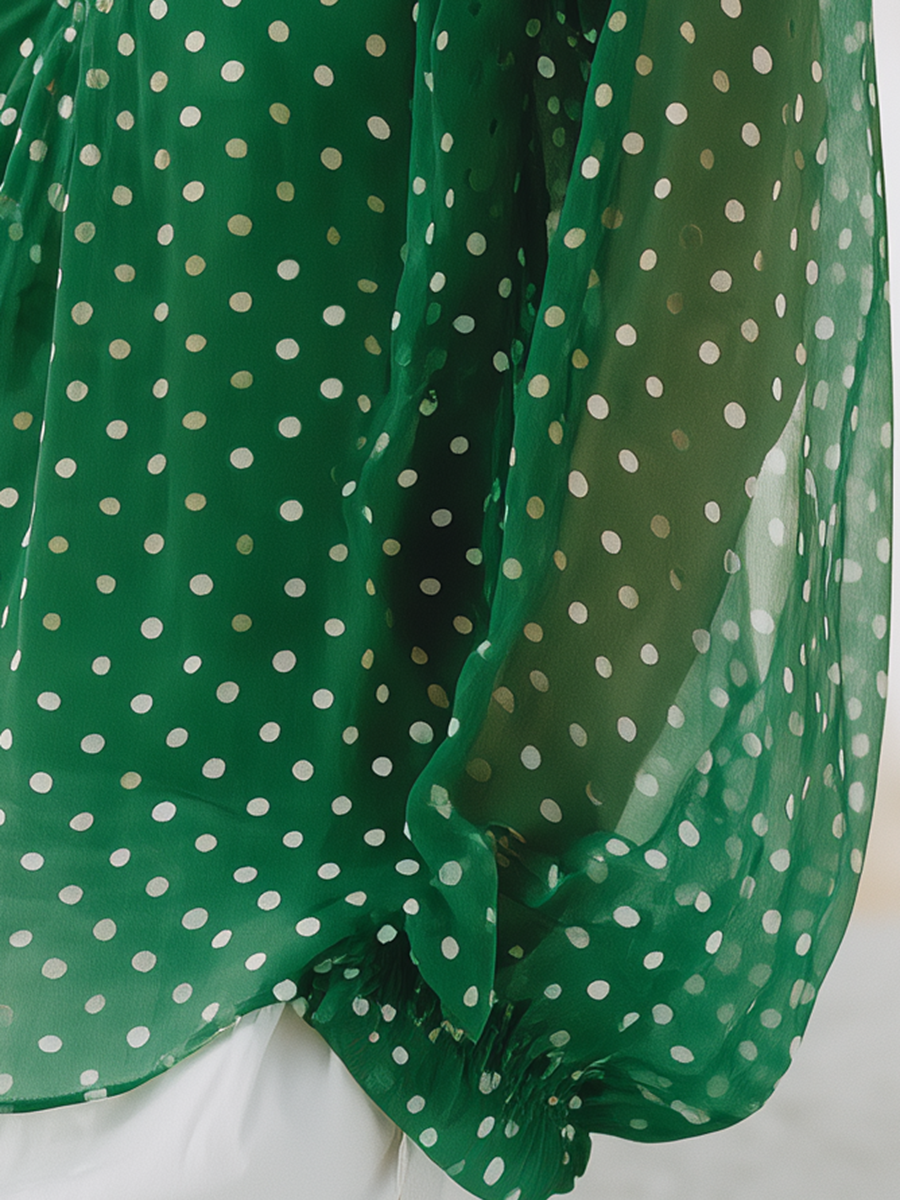 Resort-style Green Polka Dot V-neck Long-sleeved Top
