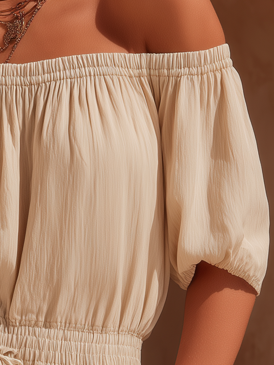 Resort-style Beige Off-shoulder Tie-front Short-sleeved Jumpsuit