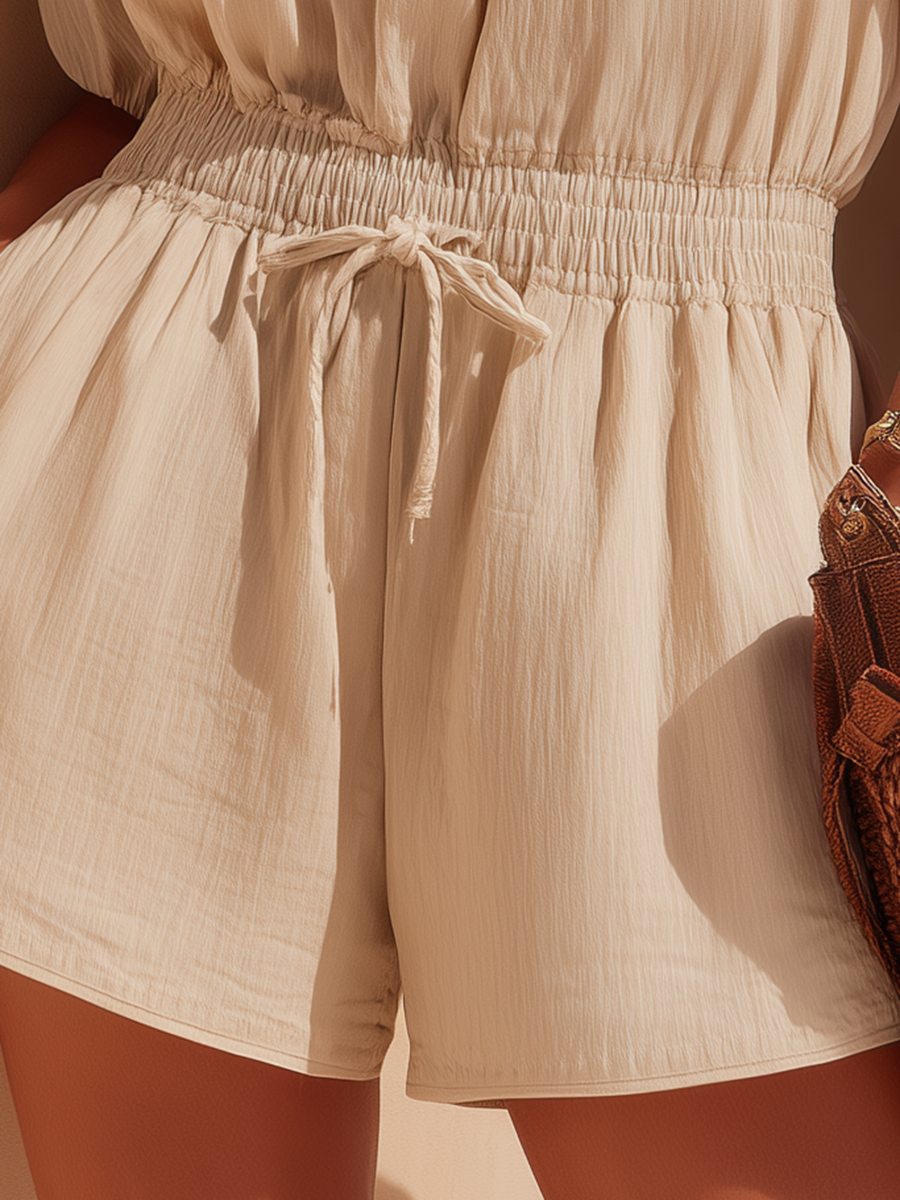 Resort-style Beige Off-shoulder Tie-front Short-sleeved Jumpsuit