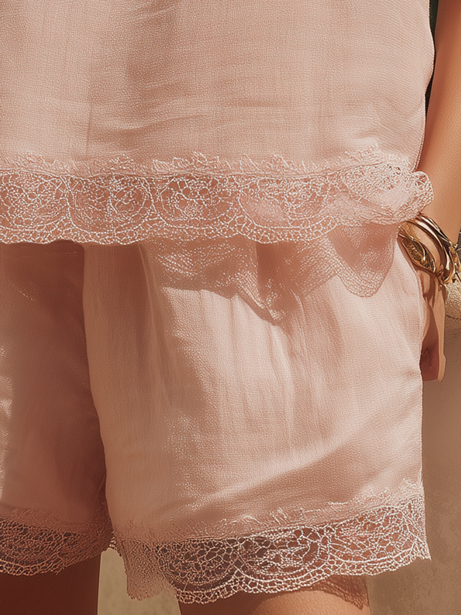 Resort-style Pink Sleeveless Lace-trimmed Top And Pants Set