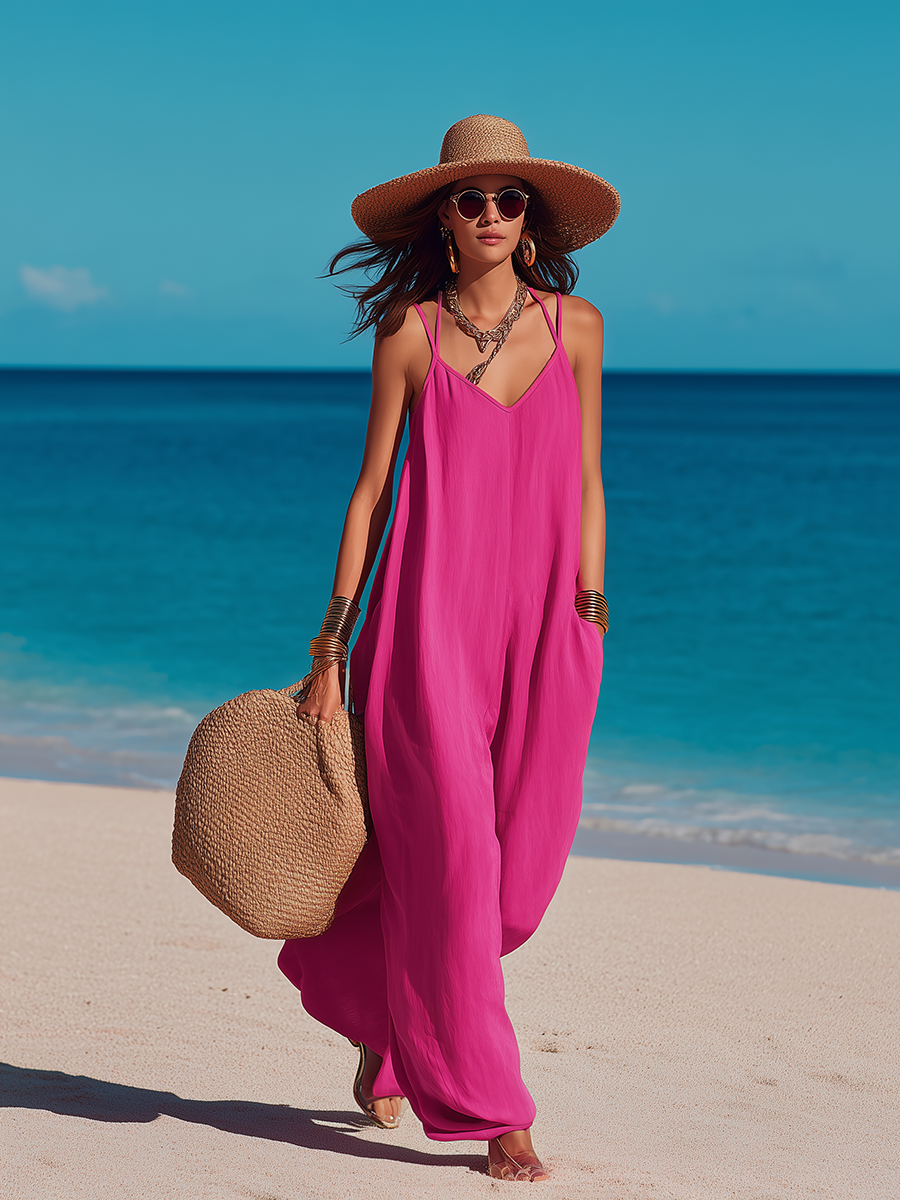 Minimalist Vacation Thin Straps Bright Pink Wide-Leg Jumpsuit