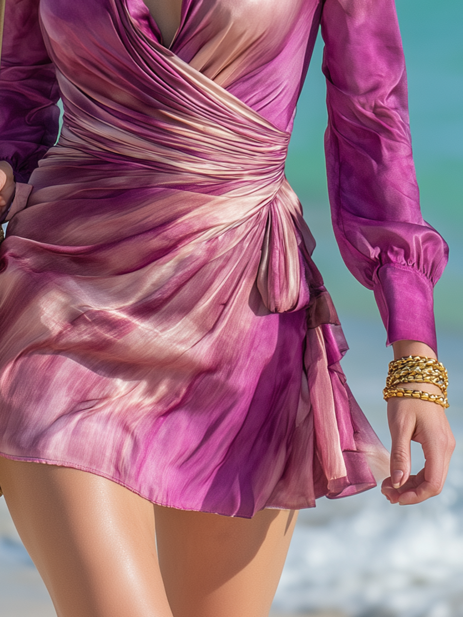 Chic Vacation-Style Fuchsia Watercolor Print Long-Sleeve Matte Satin Mini Dress