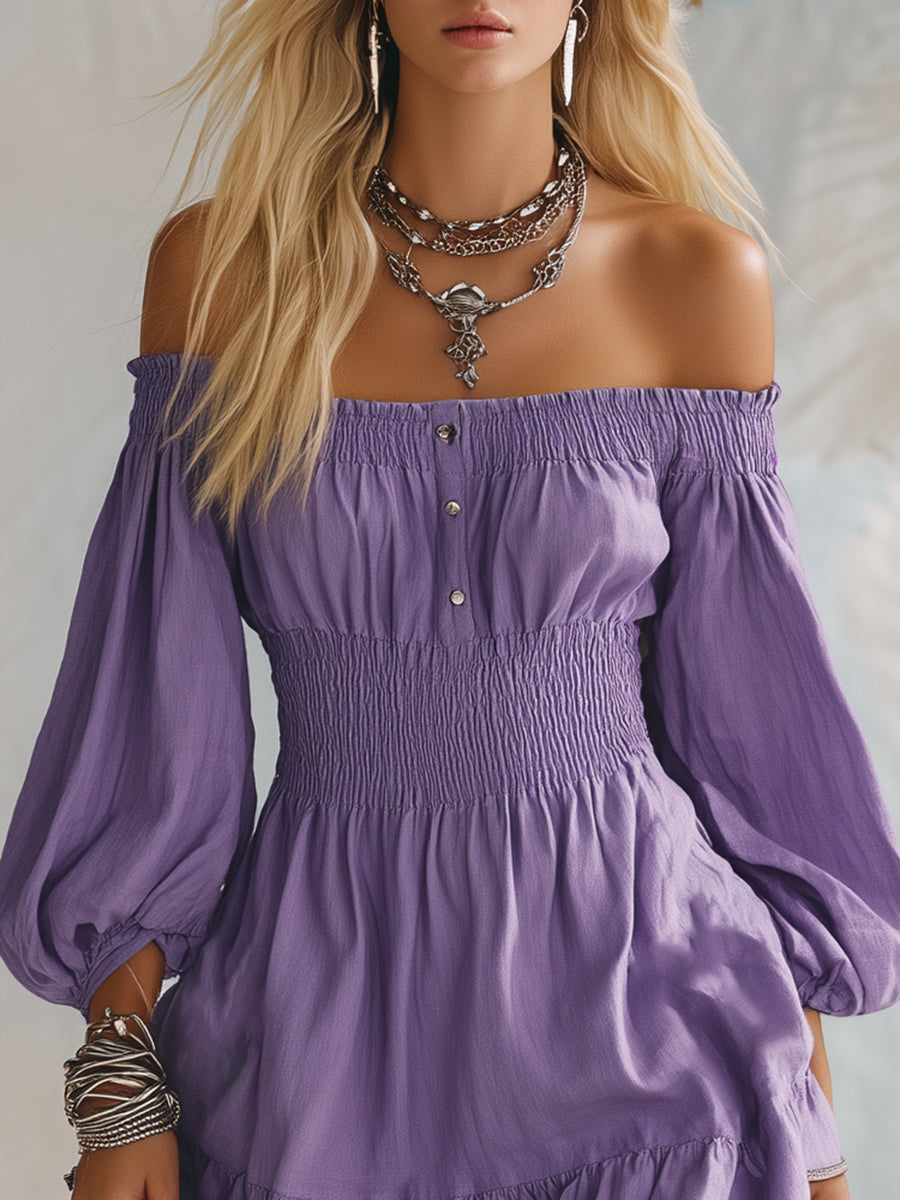 Bohemian Purple Cotton Linen Off-shoulder Puff Sleeve Ruffle Mini Dress