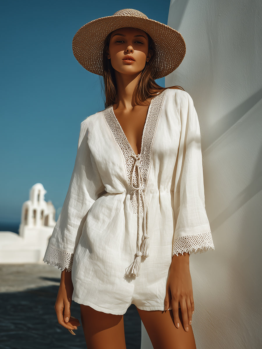 Bohemian Coast White Cotton Linen V-Neck Lace Trim Loose Jumpsuit