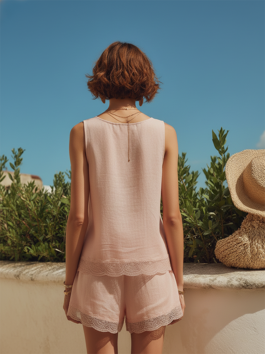 Resort-style Pink Sleeveless Lace-trimmed Top And Pants Set
