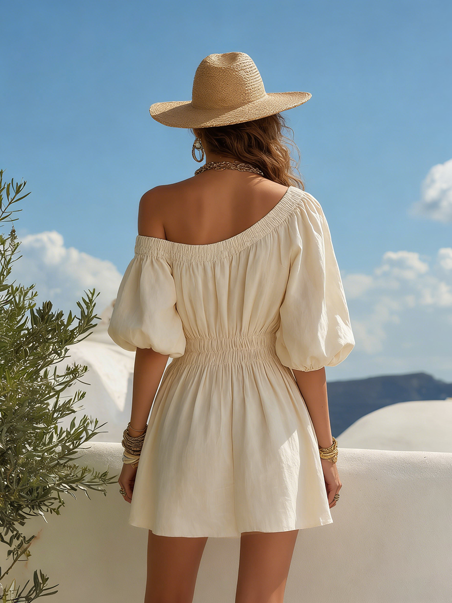 Resort-style Short-sleeved One-shoulder Mini Dress