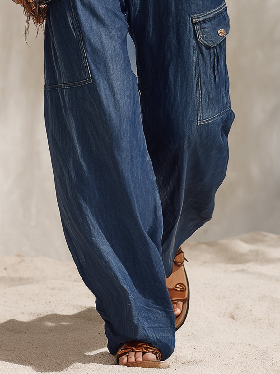 Bohemian Vacation Blue Denim Multi-pocket Jeans