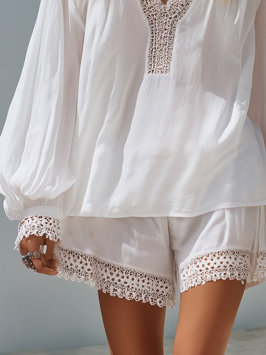 Bohemian Coast White Chiffon V-Neck Lace Trim Puff Sleeve Top And Shorts Set