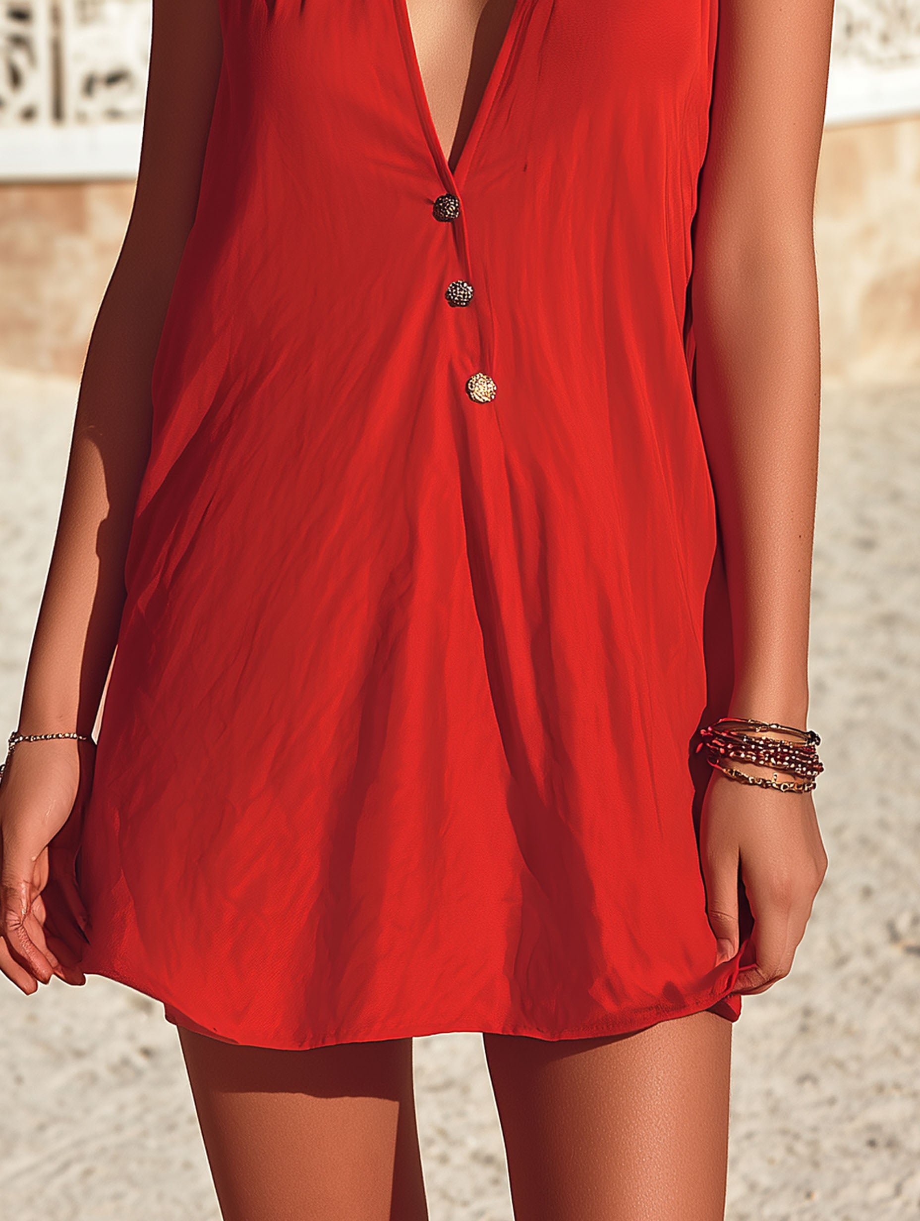 Fashionable Vacation Chiffon Red V-Neck Halter Mini Dress