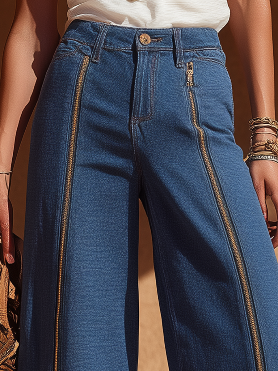 Resort-style High-waisted Denim Zipper Wide-leg Trousers