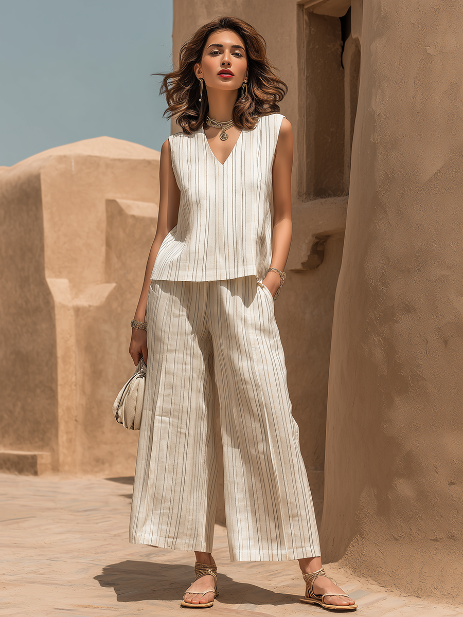 Resort-style White Striped V-neck Sleeveless Top And Trousers Set