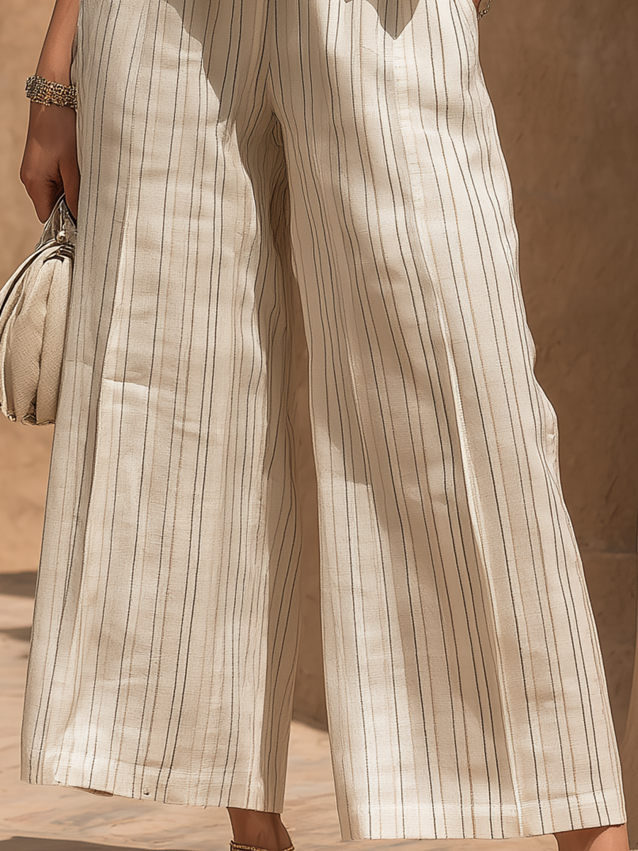 Resort-style White Striped V-neck Sleeveless Top And Trousers Set