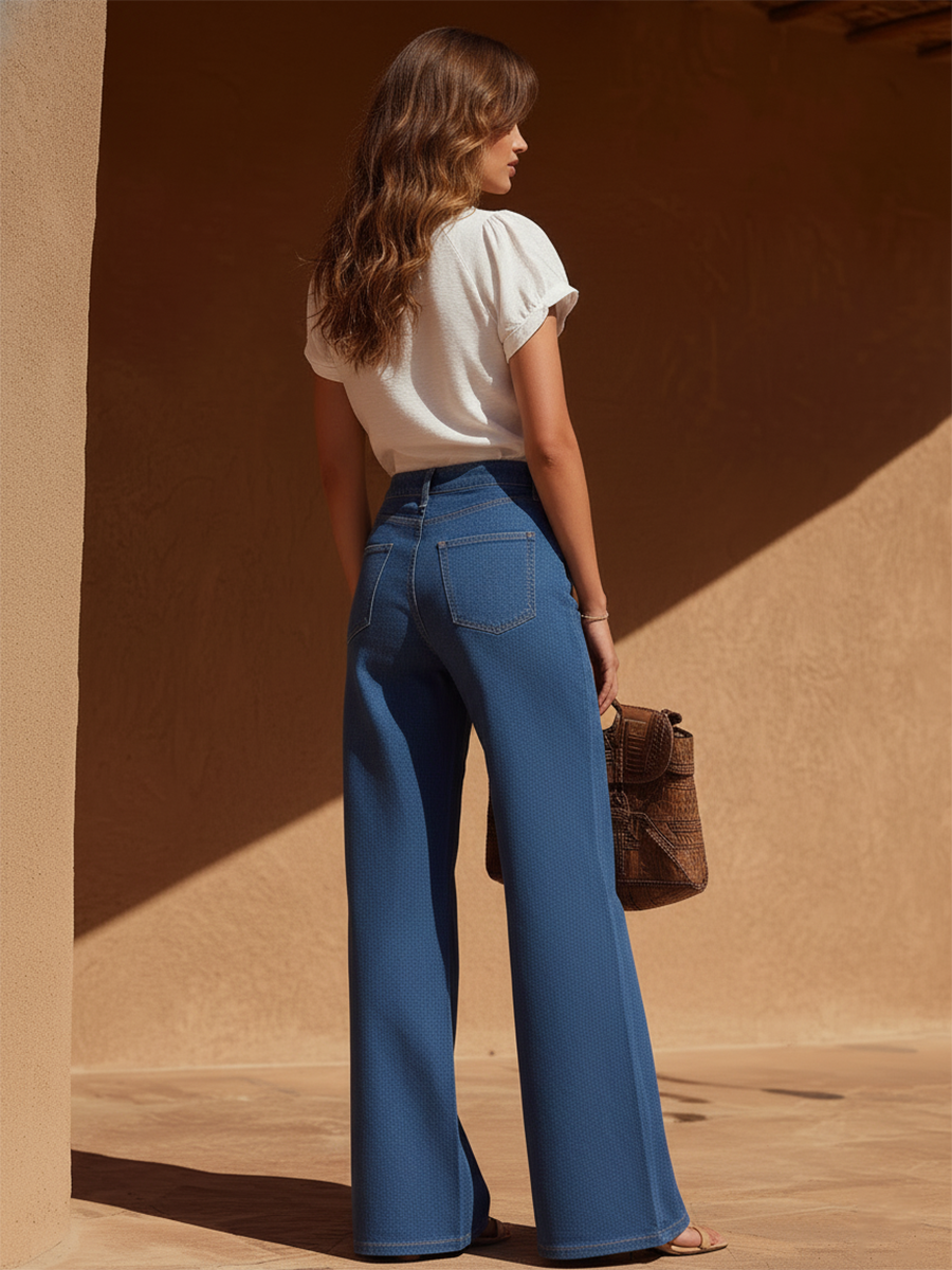 Resort-style High-waisted Denim Zipper Wide-leg Trousers