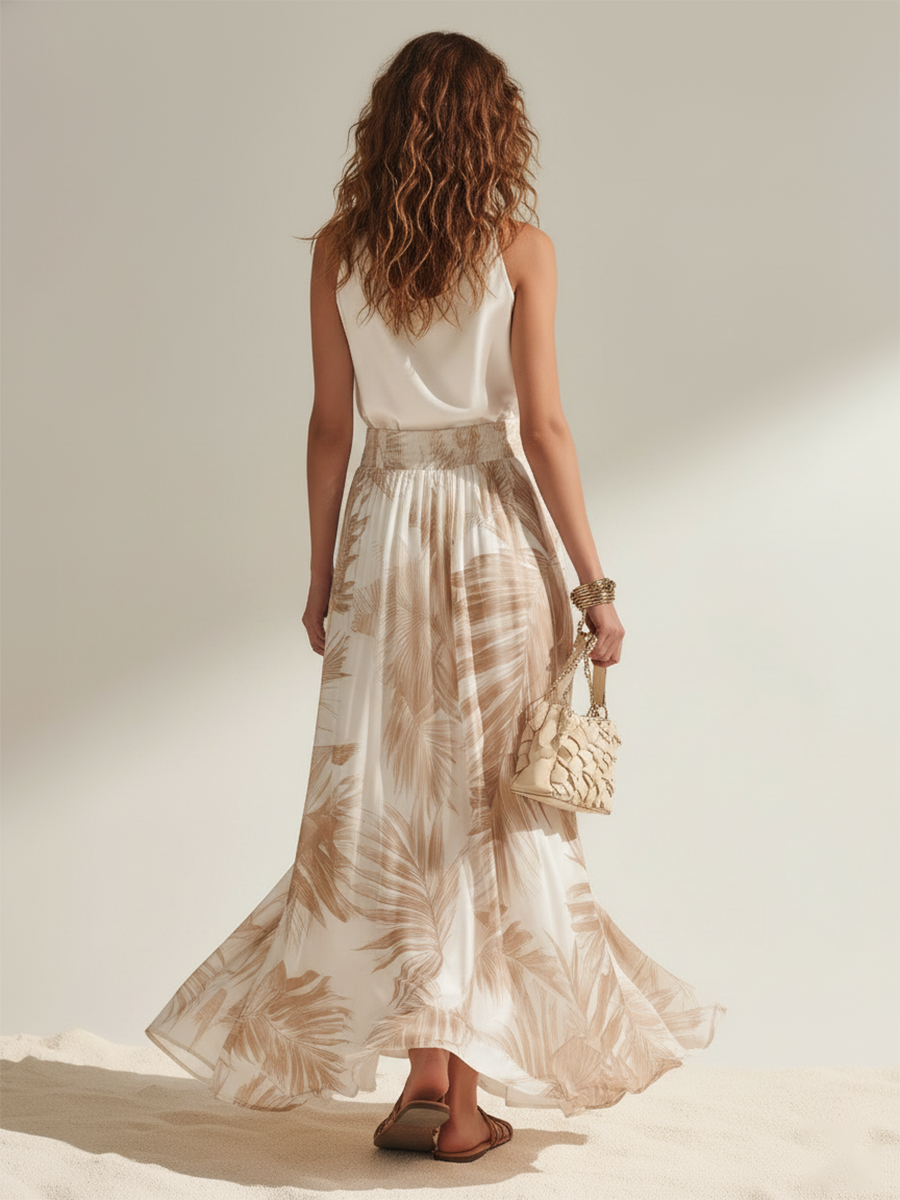 Resort Style Satin Sleeveless Top And Printed Skirt Set