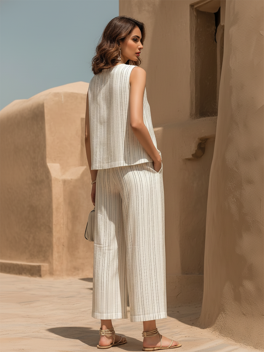 Resort-style White Striped V-neck Sleeveless Top And Trousers Set