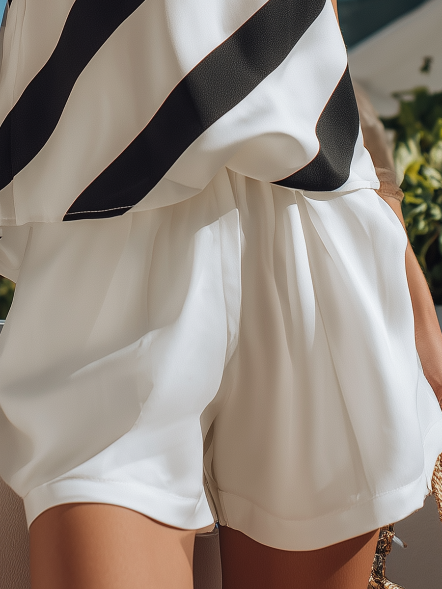 Resort-style White Twill Tank Top And White Shorts Set