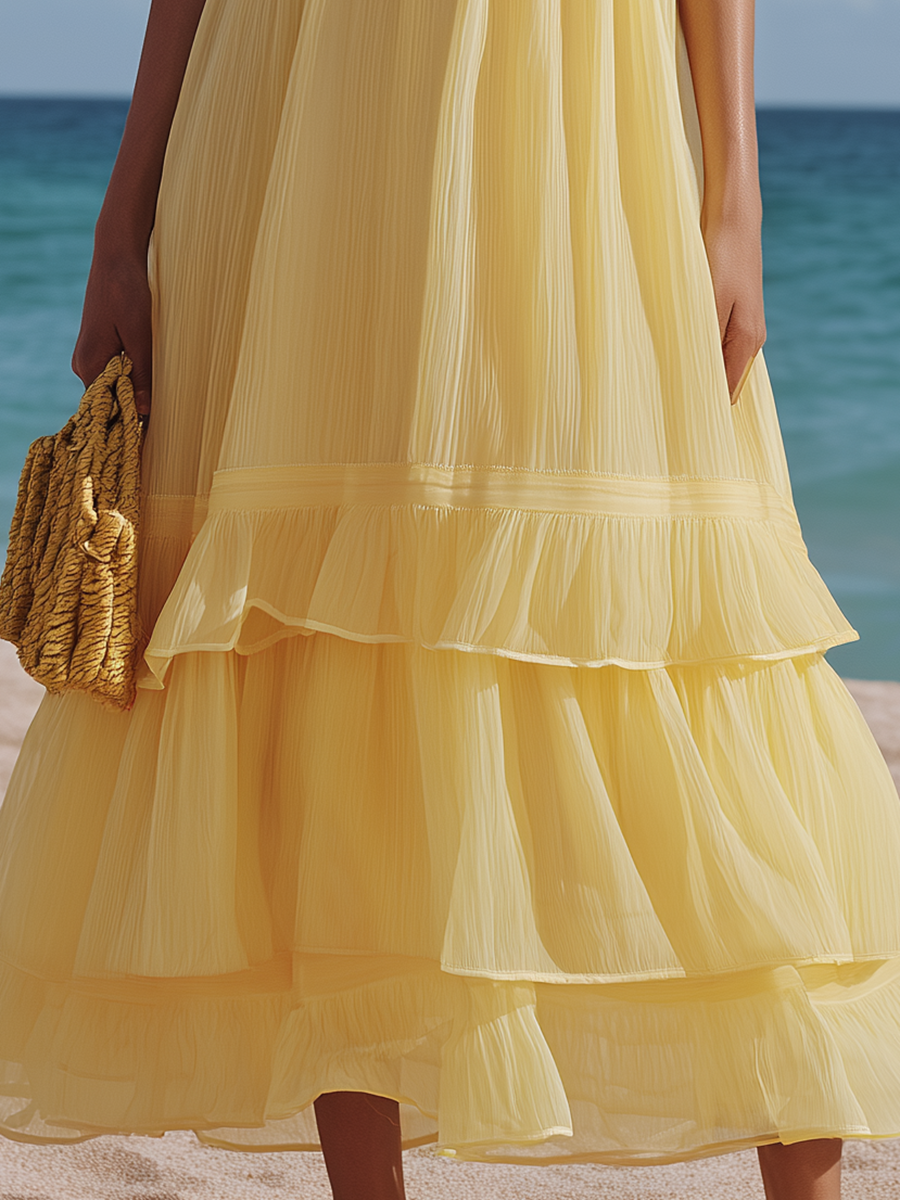 Comfortable Yellow Sleeveless Midi Dress