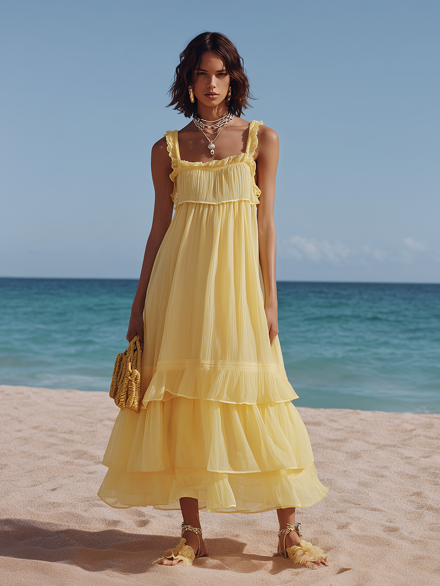 Comfortable Yellow Sleeveless Midi Dress