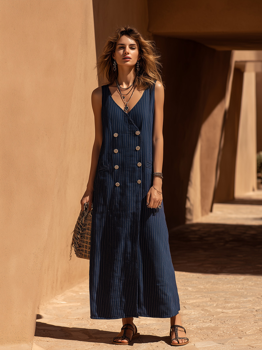 Resort-style Navy Blue V-neck Striped Sleeveless Maxi Dress