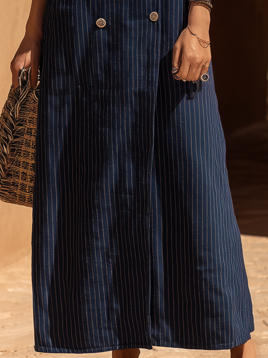 Resort-style Navy Blue V-neck Striped Sleeveless Maxi Dress