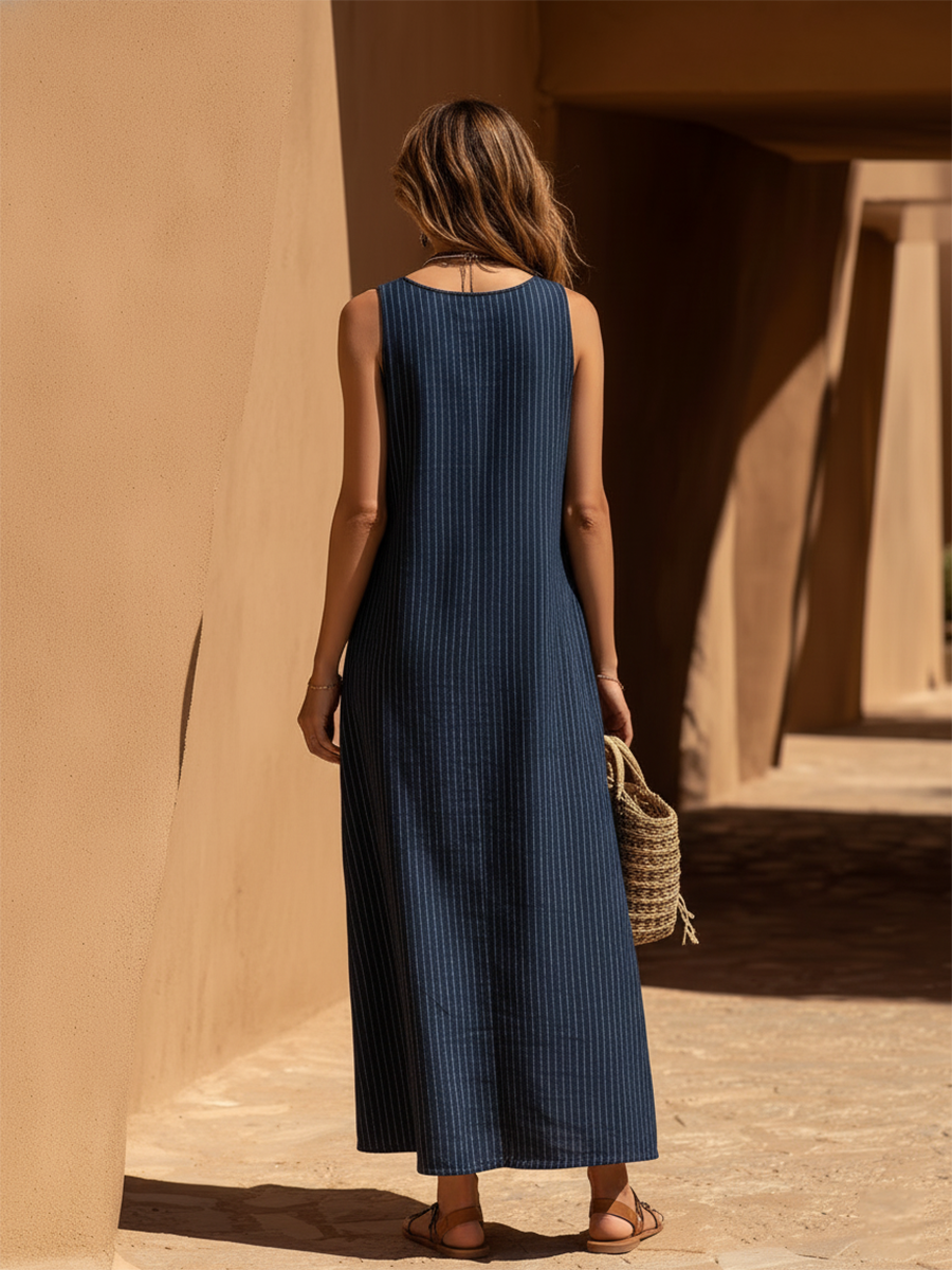 Resort-style Navy Blue V-neck Striped Sleeveless Maxi Dress