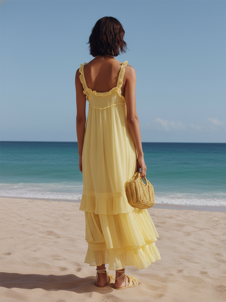 Comfortable Yellow Sleeveless Midi Dress