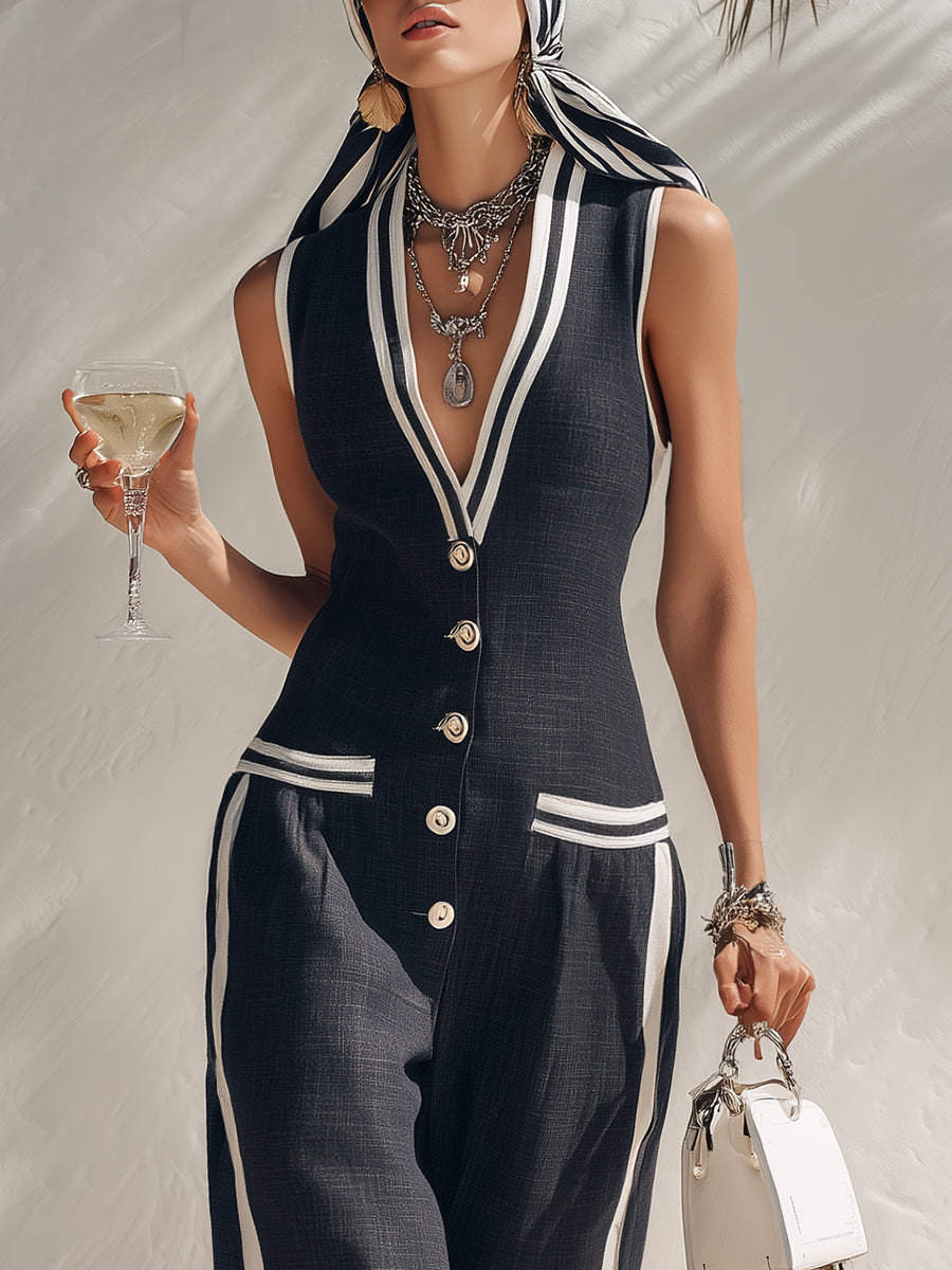Nautical Vacation Navy Blue V-Neck Color-Blocked Striped Button-Down Sleeveless Jumpsuit