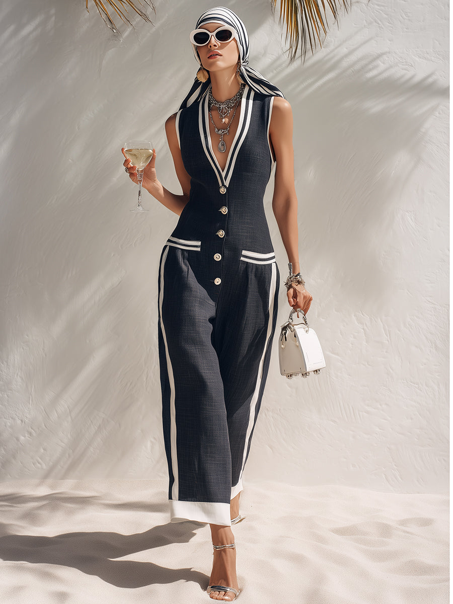 Nautical Vacation Navy Blue V-Neck Color-Blocked Striped Button-Down Sleeveless Jumpsuit
