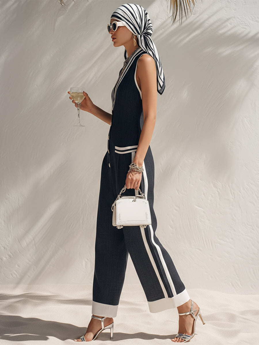 Nautical Vacation Navy Blue V-Neck Color-Blocked Striped Button-Down Sleeveless Jumpsuit