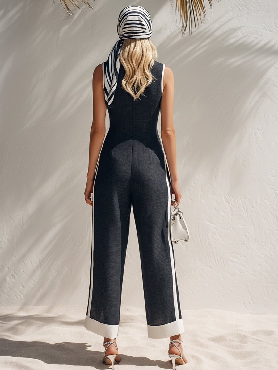 Nautical Vacation Navy Blue V-Neck Color-Blocked Striped Button-Down Sleeveless Jumpsuit
