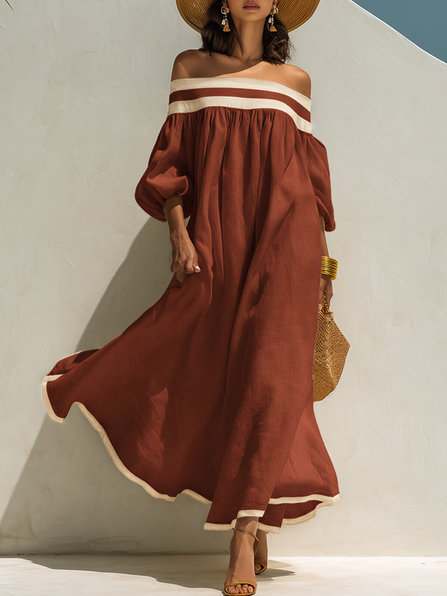 Loose-fitting Color-blocked Off-the-shoulder Beige Cotton-linen Maxi Dress