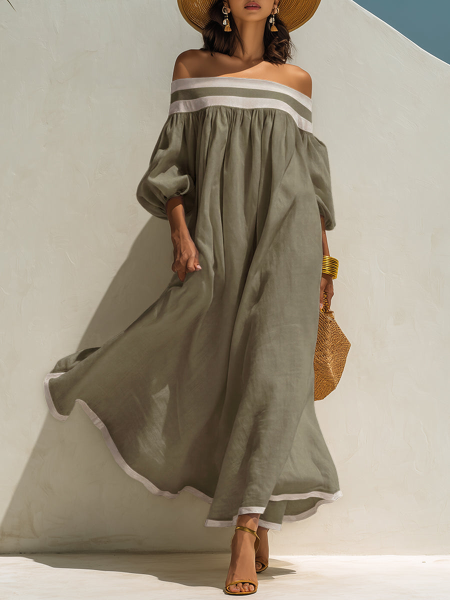 Loose-fitting Color-blocked Off-the-shoulder Beige Cotton-linen Maxi Dress