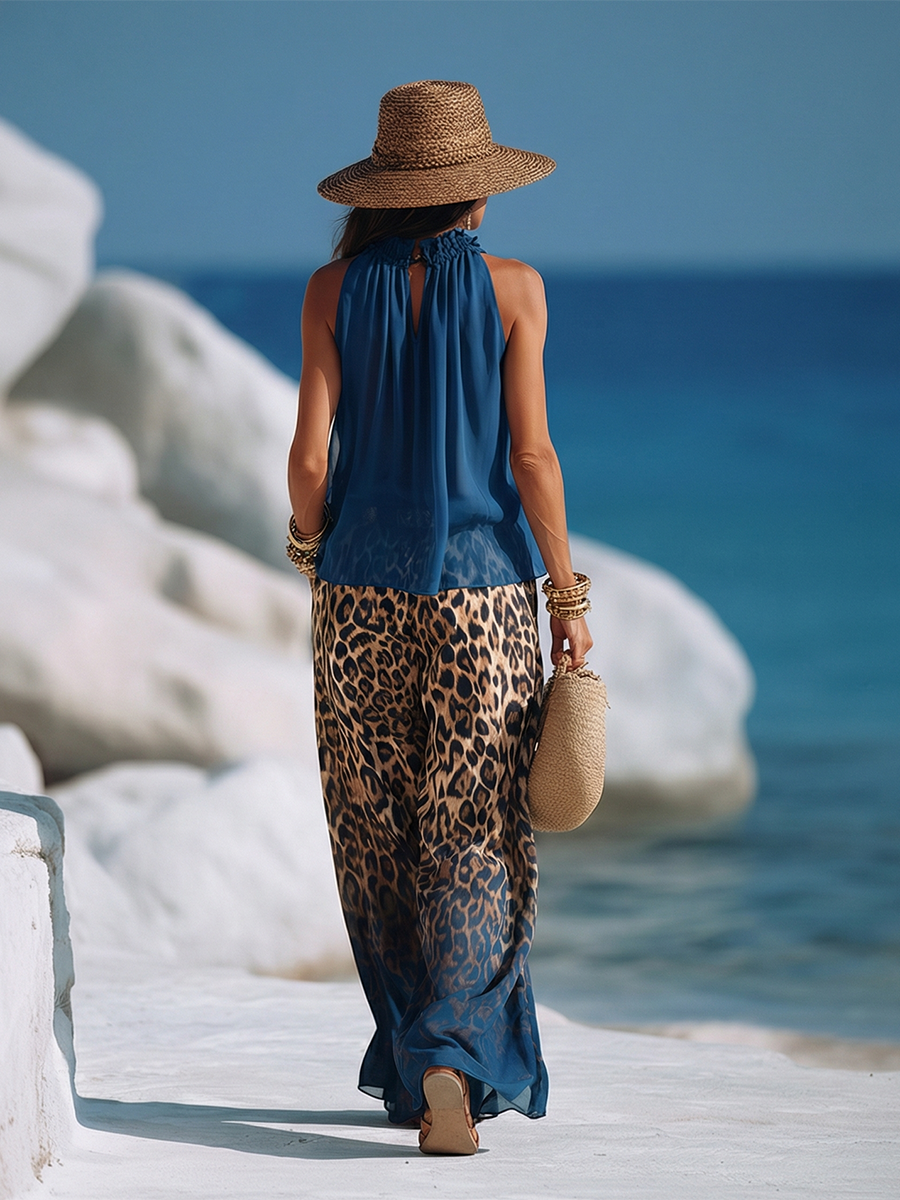 Trendy Vacation Blue Chiffon Sleeveless Top