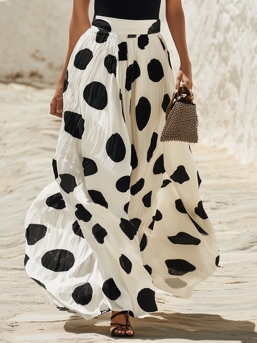 Vacation-Style Off-Shoulder Short-Sleeve Polka-Dot Chiffon Maxi Dress