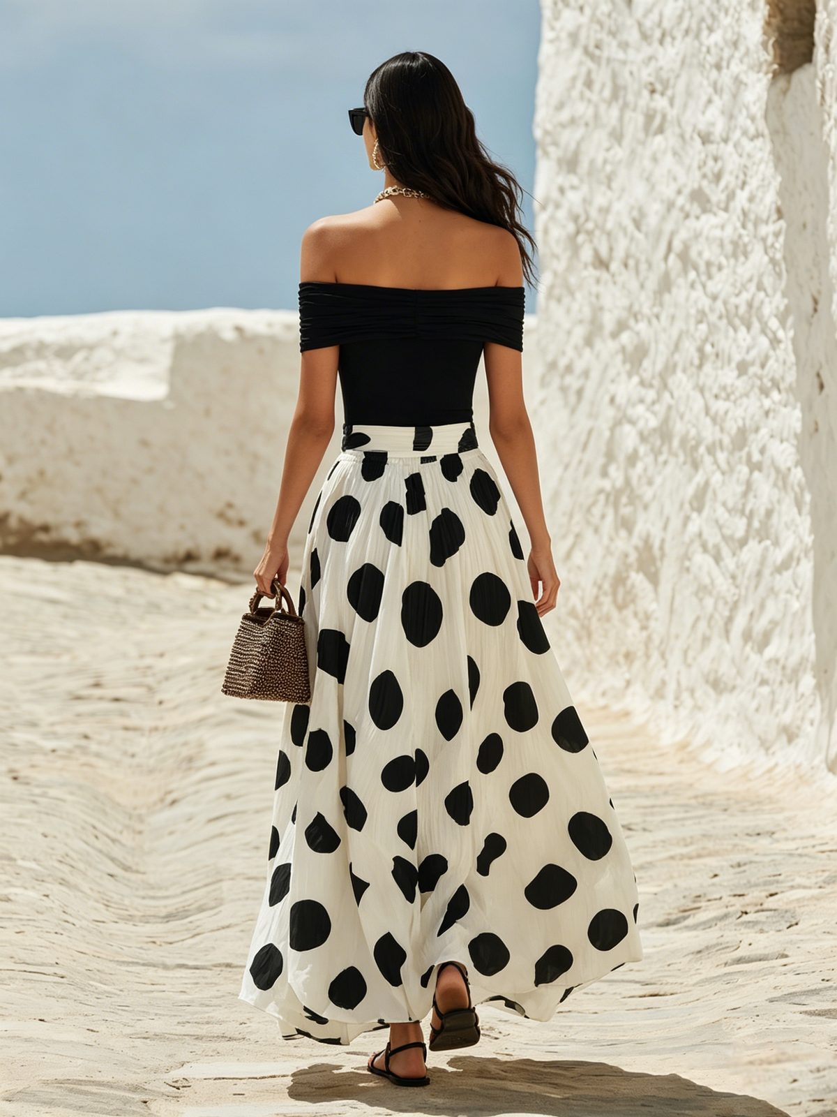 Vacation-Style Off-Shoulder Short-Sleeve Polka-Dot Chiffon Maxi Dress