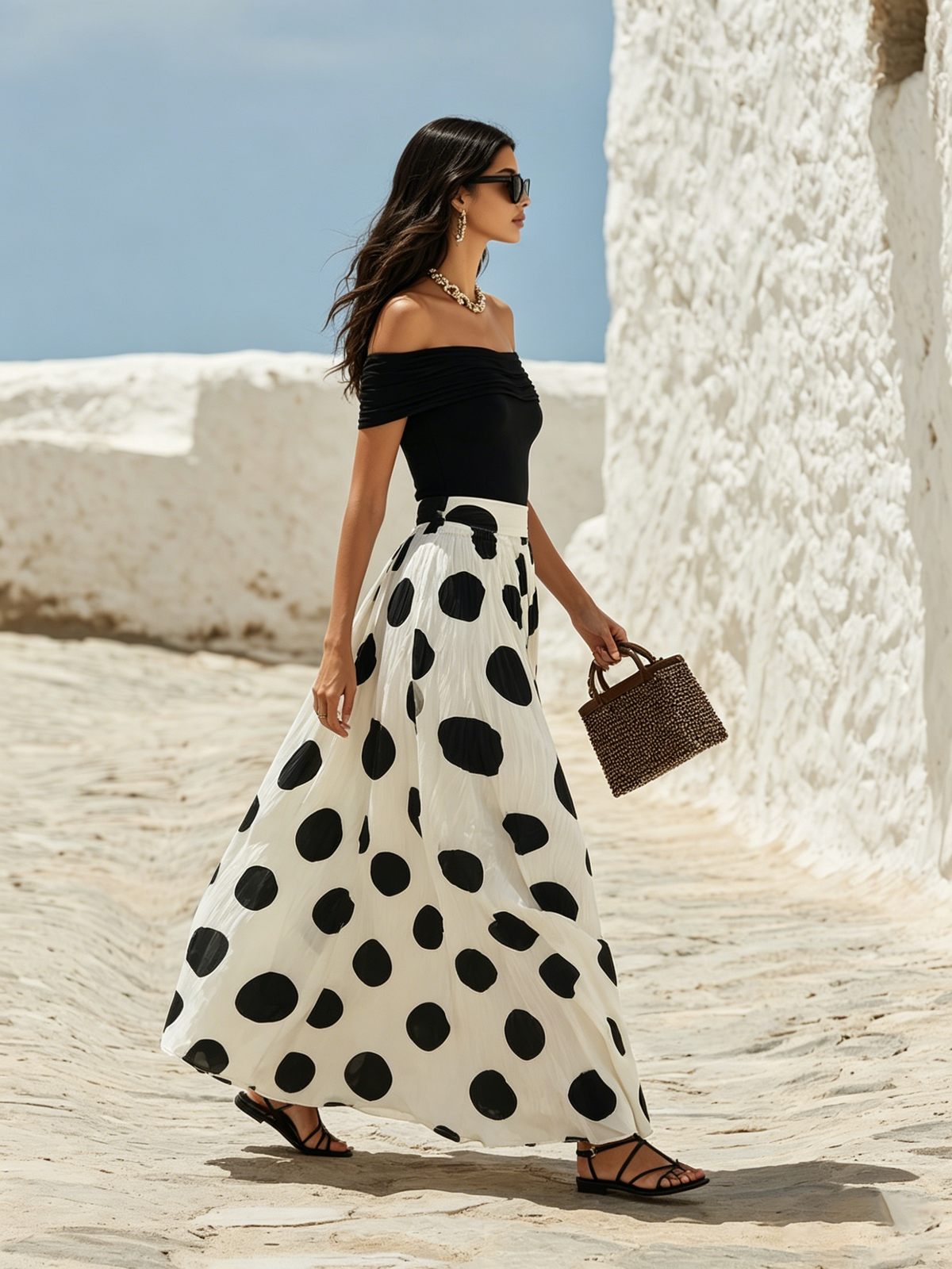 Vacation-Style Off-Shoulder Short-Sleeve Polka-Dot Chiffon Maxi Dress