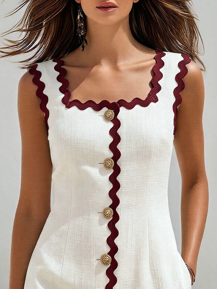 Vacation-Style Square-Neck Sleeveless Button-Front Mini Dress