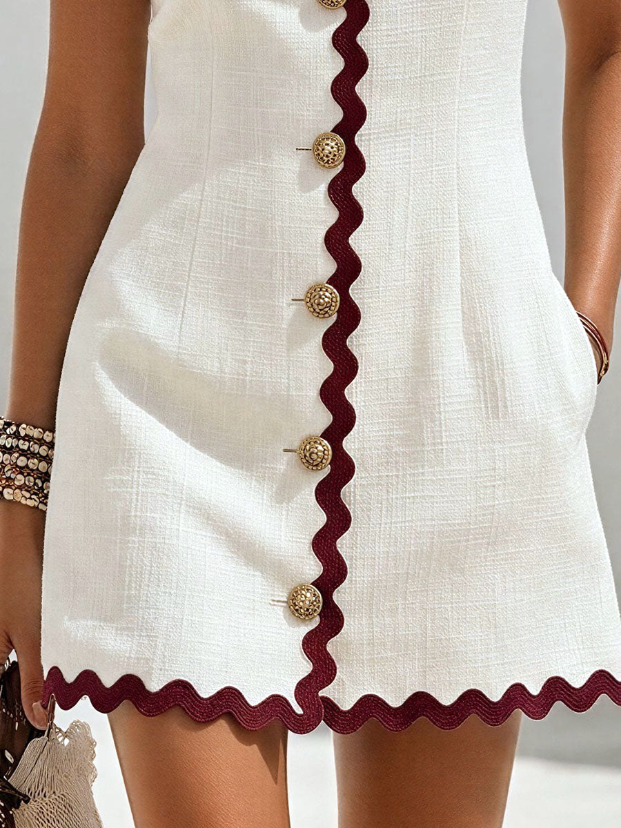 Vacation-Style Square-Neck Sleeveless Button-Front Mini Dress