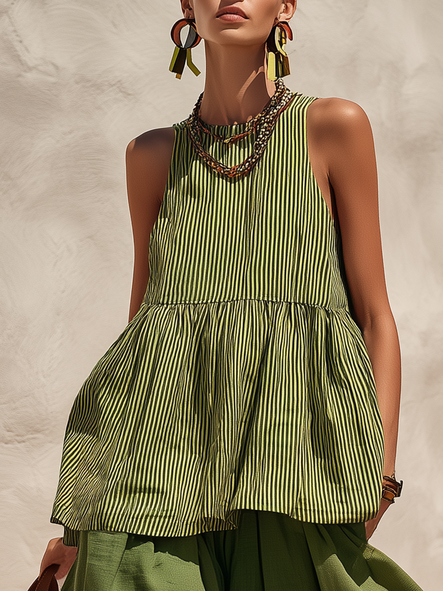 Retro-chic Striped Top And Color-blocked Wide-leg Pants
