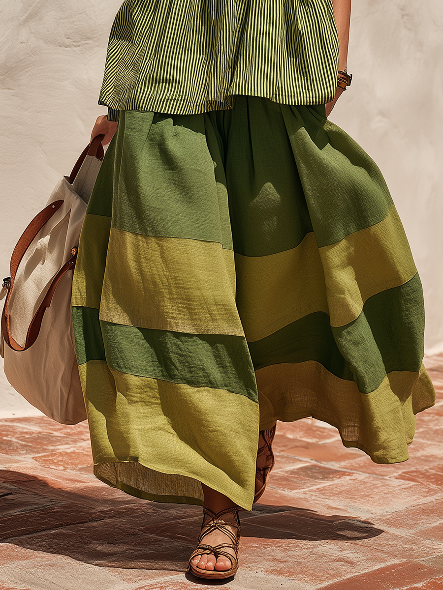 Retro-chic Striped Top And Color-blocked Wide-leg Pants