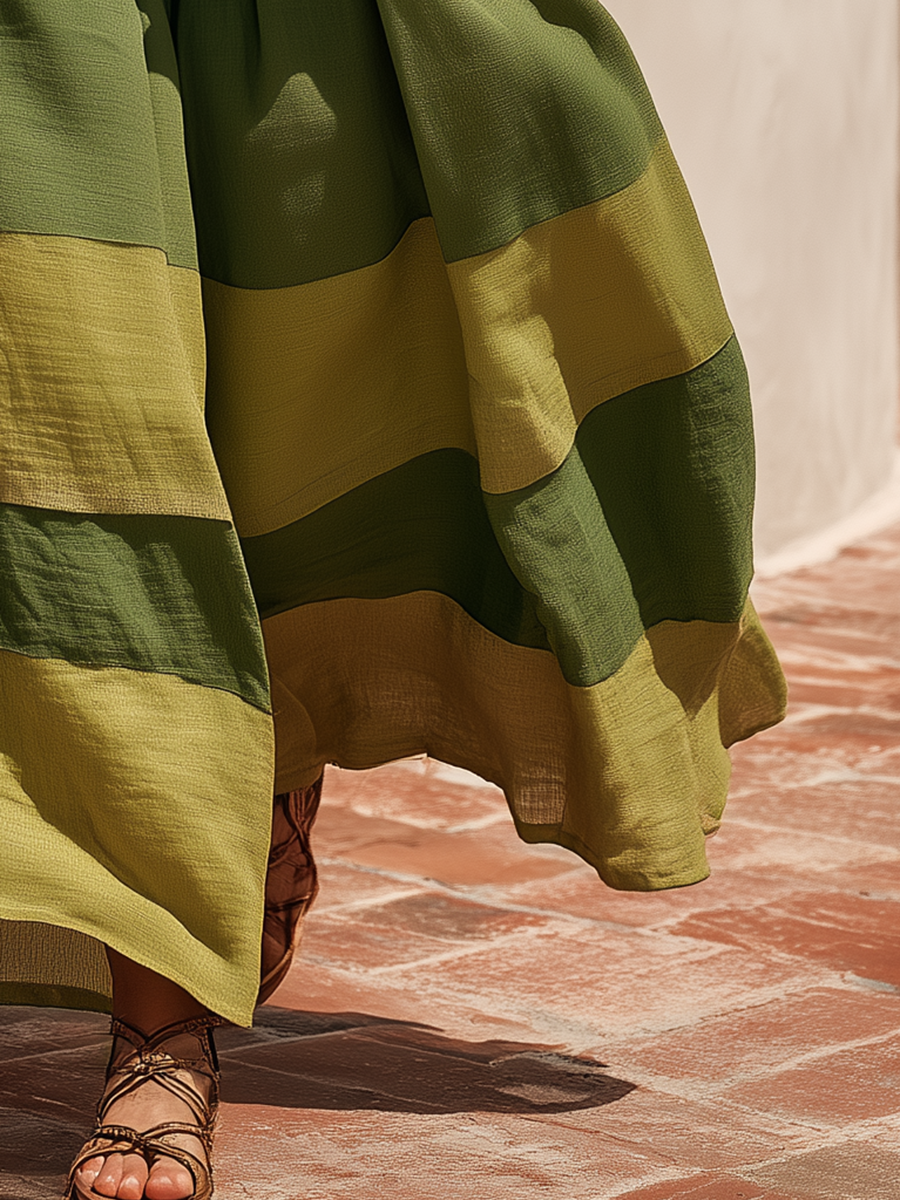 Retro-style Vacation Color-blocked Cotton And Linen Wide-leg Pants