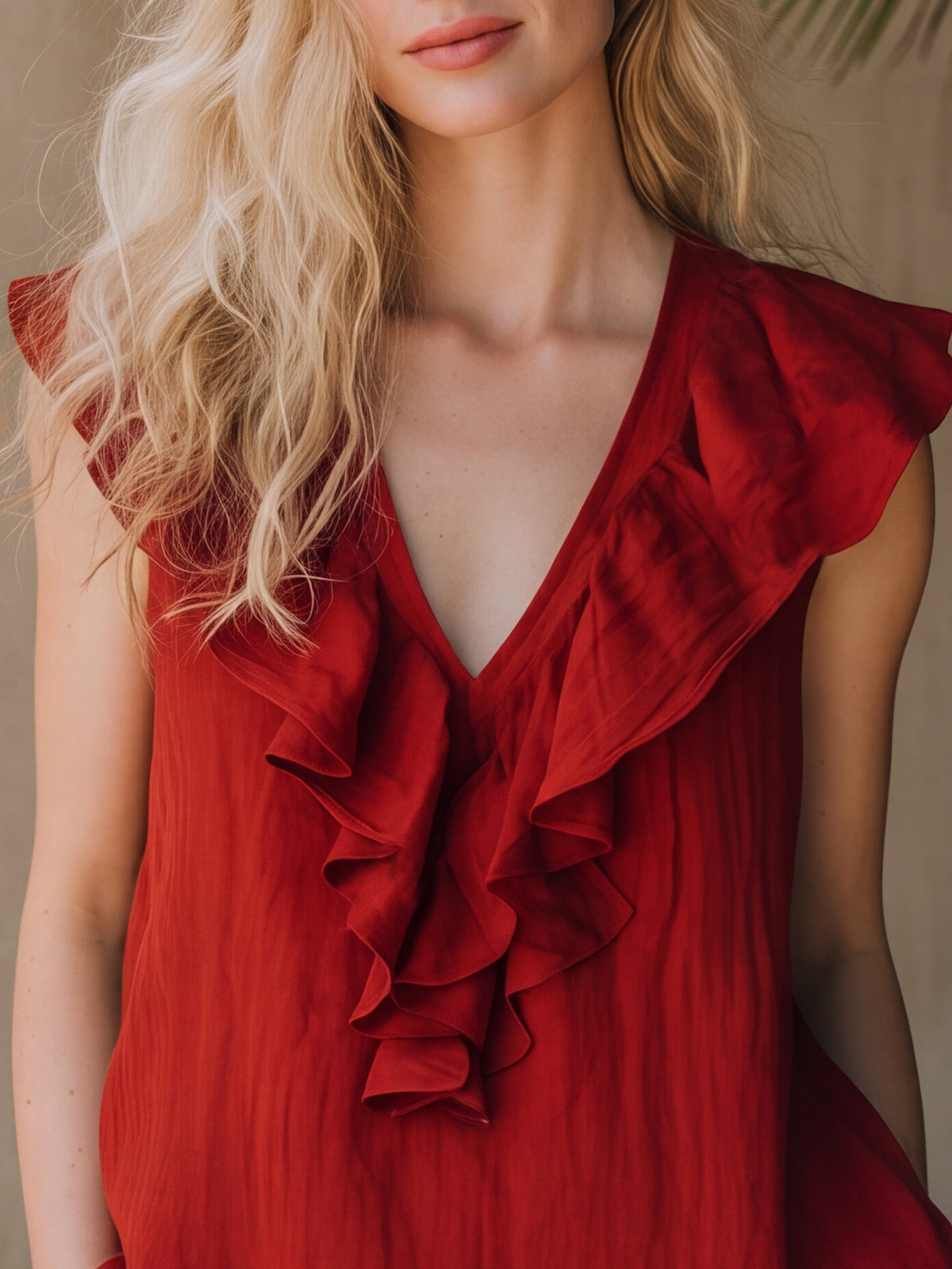 Bohemian-style Red Ruffled V-neck Cotton Linen Sleeveless Tank Top