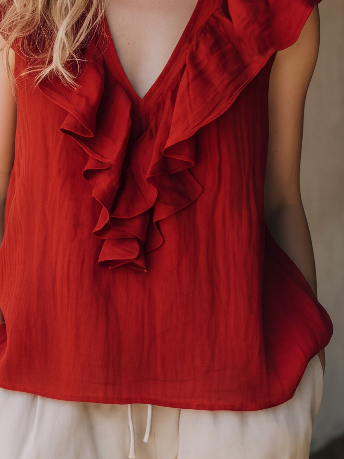 Bohemian-style Red Ruffled V-neck Cotton Linen Sleeveless Tank Top