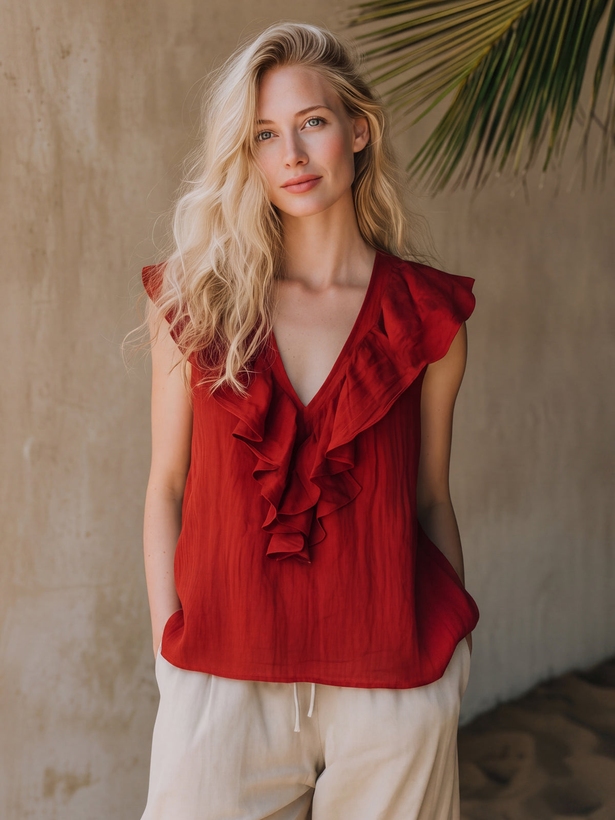 Bohemian-style Red Ruffled V-neck Cotton Linen Sleeveless Tank Top